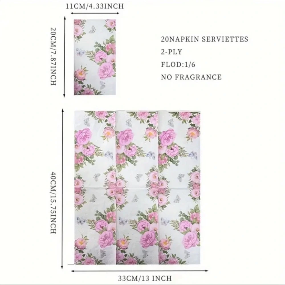 Spring Pink Flower & Butterflies Shower Paper Guest Towel Dinner Napkins, 20 ct